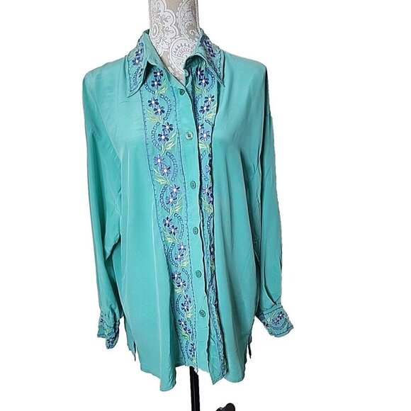 Diane Von Furstenberg Silk Shirt Blouse Green Embroidered Women's 1X - Picture 1 of 13